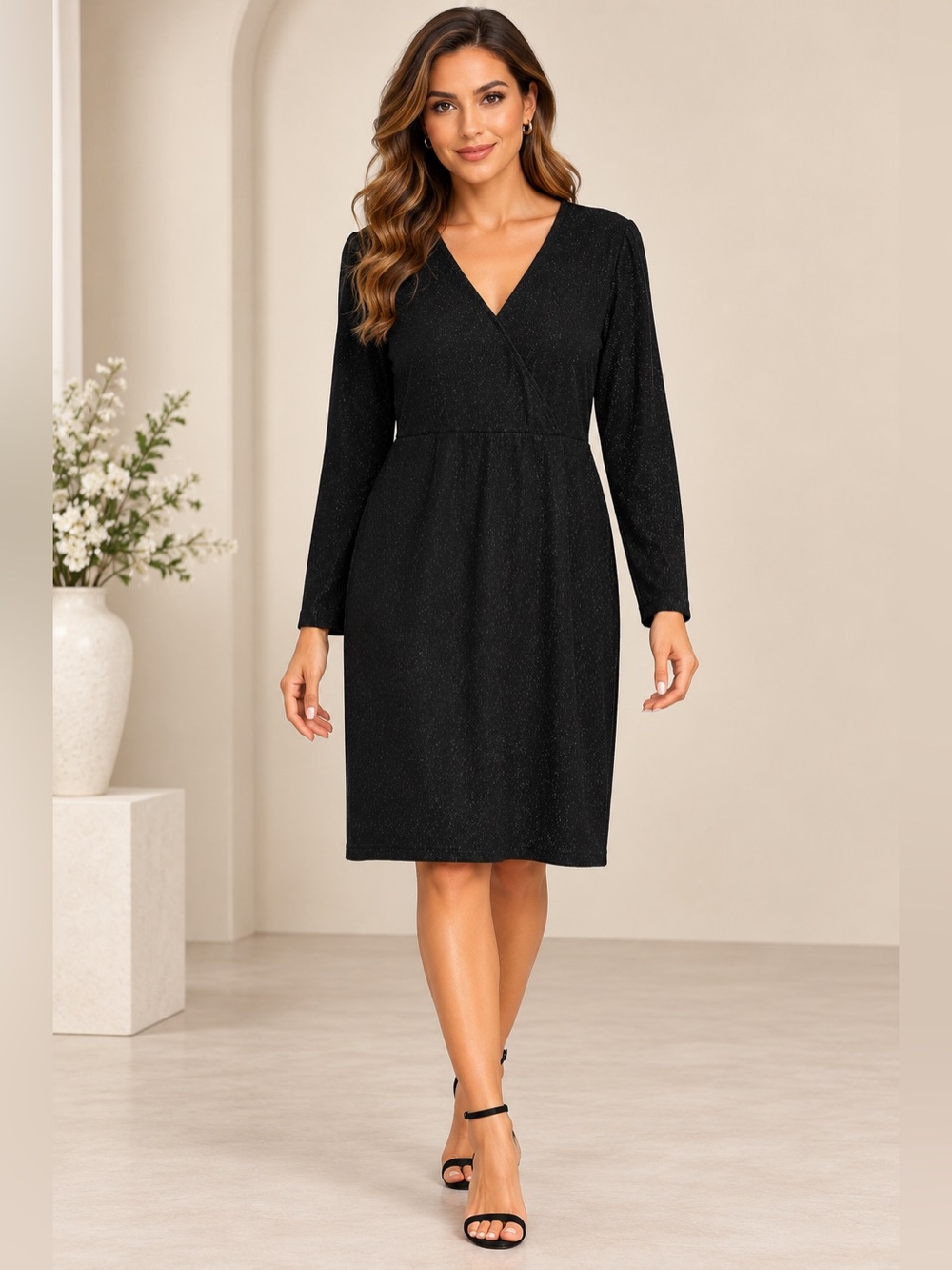 Allegra K Black Shimmer V Neck Long Sleeve Dress Women’s XL